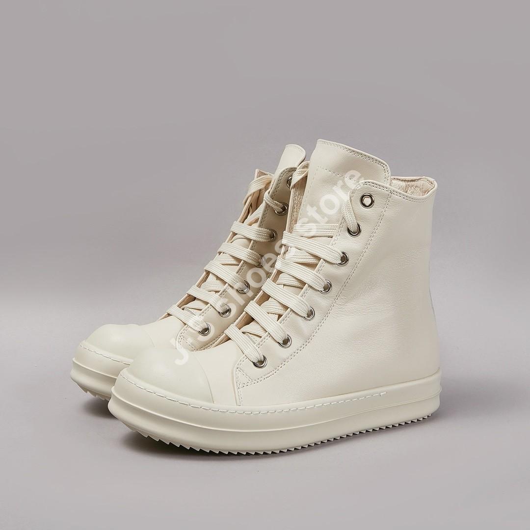 

R-o White Cowhide Beige Leather Boots Women Casual Shoe Men Sneaker High Top Shoes Thick Sole Zipper Lace Up Flat Ankle Boot 34 бежевий