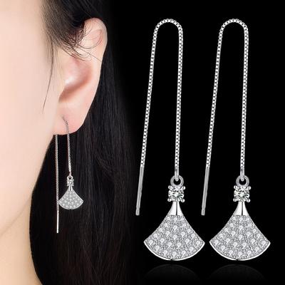 Womens Korean Fashion 925 Silver Plated Anti-allergy Zircon Crystal Fan-shaped Small Skirt Ear Line Dangle Drop Stud Earrings Female Ear Jewelry Gift