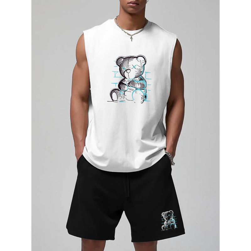 Мужской комплект: майка и шорты. Полиэстер. Эластичный пояс. Дышащий. Свободный крой. Летний повседневный пляжный наряд. XXL белый