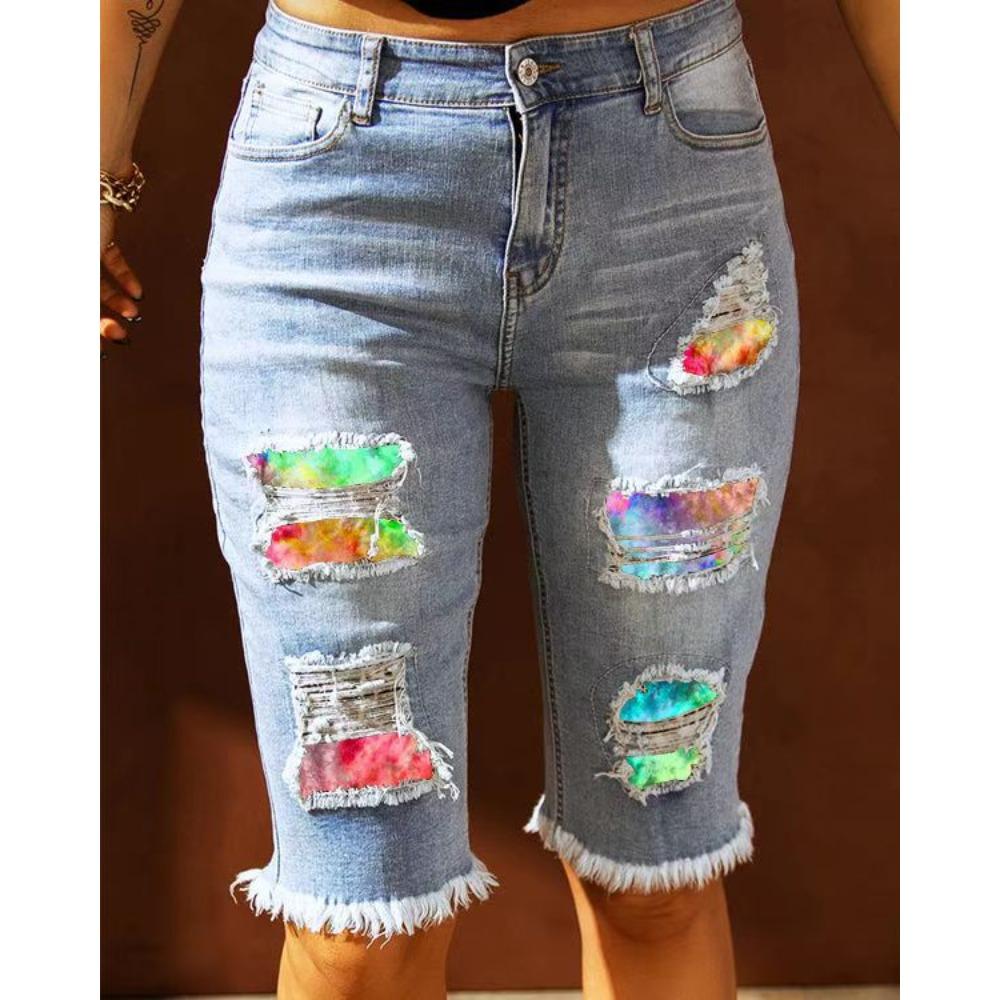 Women s Mid Rise Bermuda Shorts Loose Fit Tie Dye Patchwork Distressed Frayed Denim Shorts S