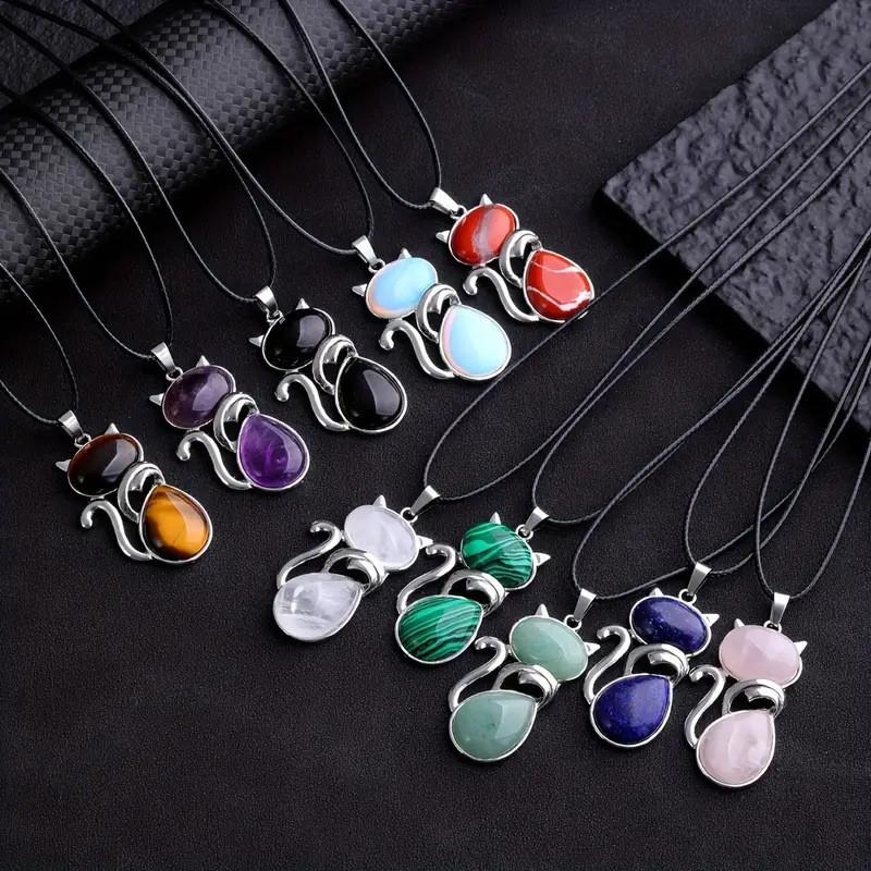 Natürlicher Kristall Katzen Anhänger Halskette Mit Amethyst Und Rosenquarz Für Einzigartigen Schmuck Geschenk