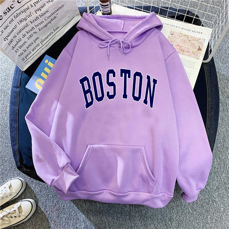 Women's Hooded Long Sleeve Sweatshirt Loose Fit Lazy Style Boston Letter Print Pullover Hoodie Vintage Autumn Winter Warm Outerwear