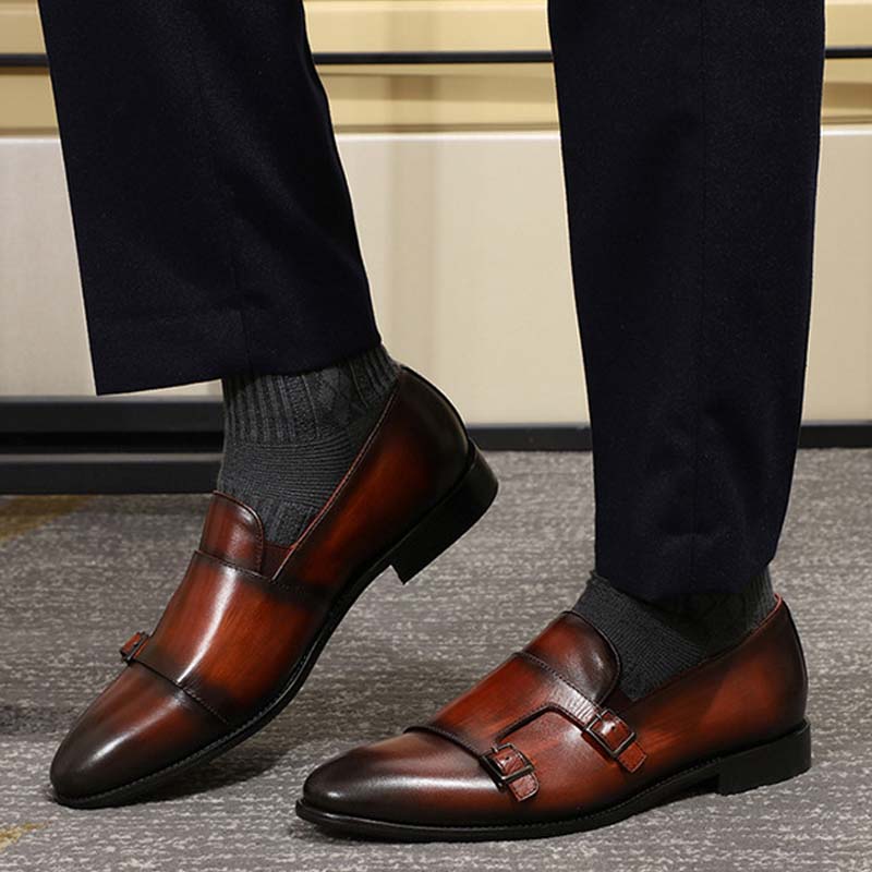 Fashion Fashion Gentleman Leather Men Monk Strap Loafer Shoes Slip On Elegant Men Dress Shoes Black Brown Double Buckle Strap Mens Shoes