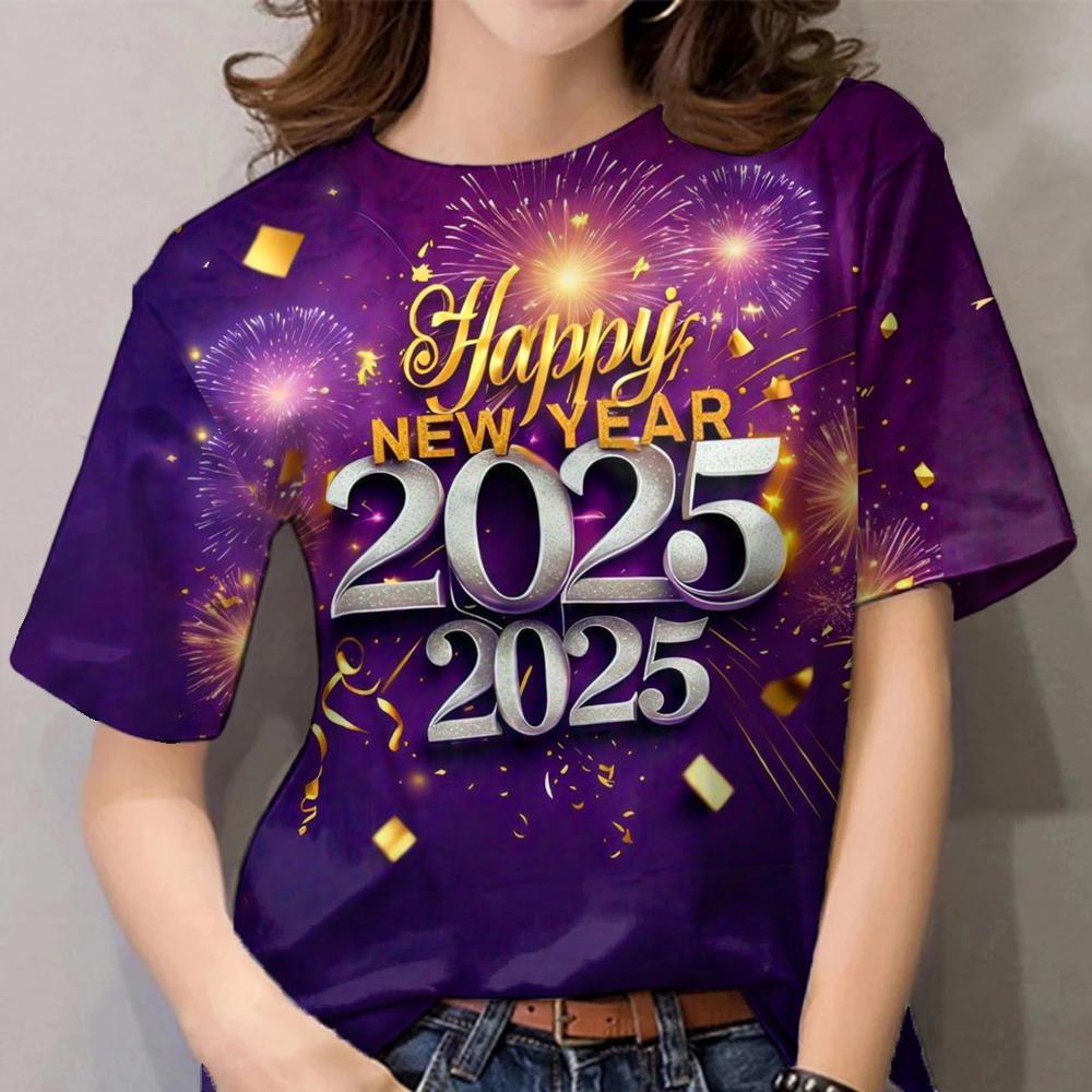 

2025 Новый год женская футболка мода круглый вырез короткий рукав одежда для женщин летние красочные повседневные топы повседневный пуловер 3XL