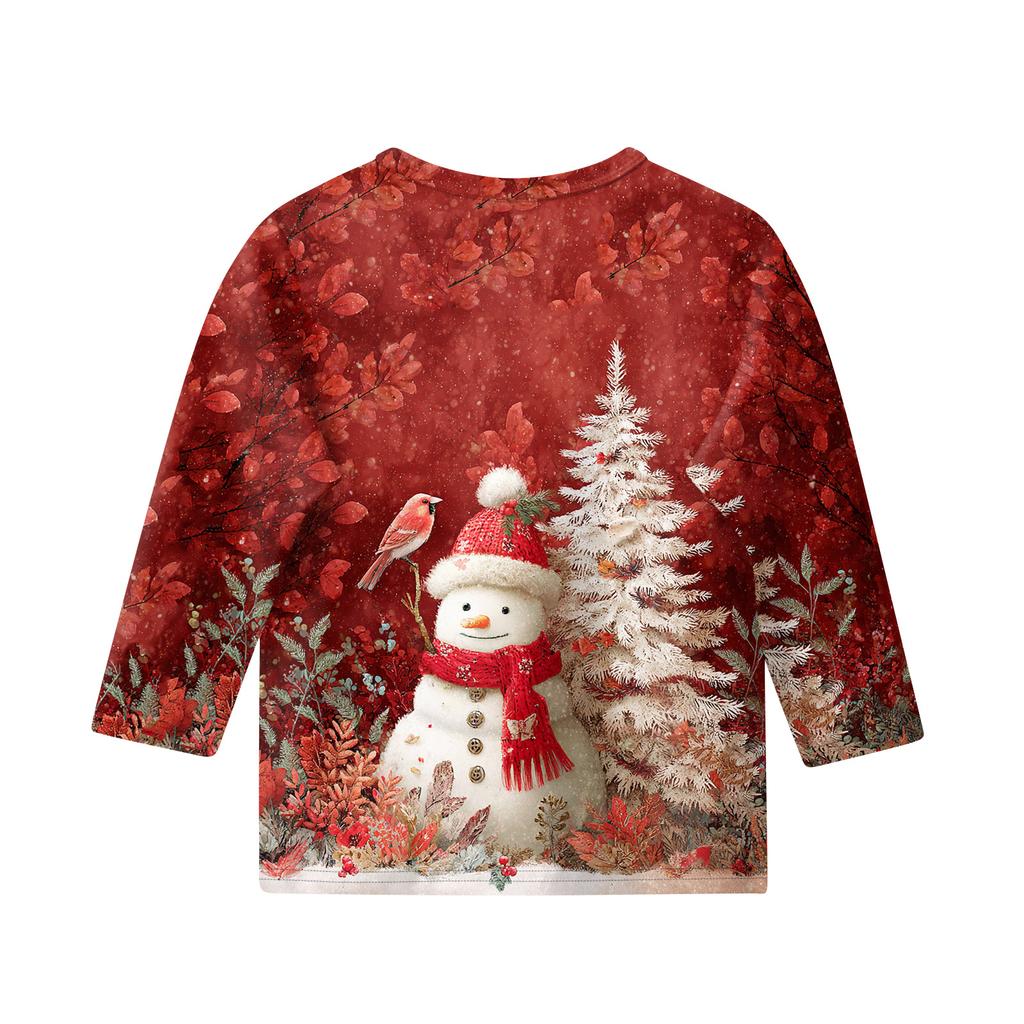 Christmas Day Print Tops For Youth Girls 4-11 Years Round Neck 3/4 Sleeves T-Shirts Trendy Tops Outfit Tees