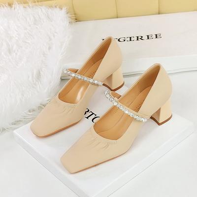 Coarse and Medium Heeled Women's Shoes with Shallow Mouth, Square Toe, Pearl, Rhinestone, Straight Strap, Mary Jane Single Shoe