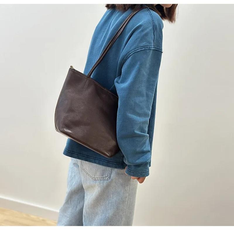 Johnature Retro Genuine Leather Tote Bag Versatile Commuting Solid Color Soft Leather Women's Shoulder Bag