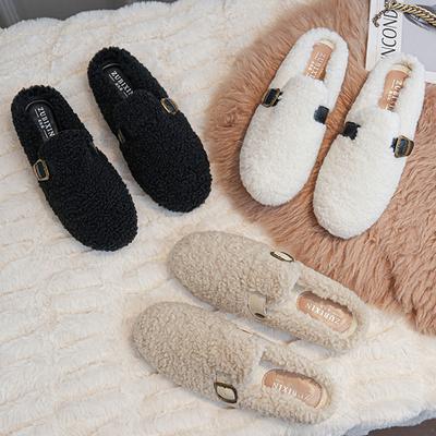 Fashion 2025 Women Belt Buckle Wool Pantuflas Shoes Flats Slip On Sheep Fur Slippers Ladies Home Slides Femmes Cotton Lambswool Mules