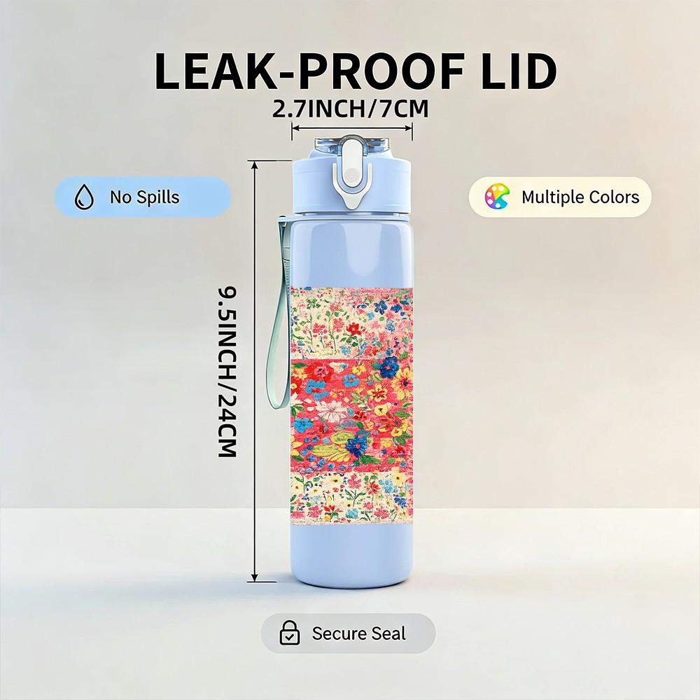 1PC Boho Patchwork Quilt Textile Print 750ml Color Plastic Sports Water Bottle Leakproof Flip Straw Lid Suitable for Sports Office Home Use