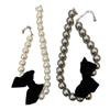 Punk Style Pearls Beads Collar Necklace with Wide Black Bowknot Pendant Fashionable Gothic Neck Chains Jewelry for Women