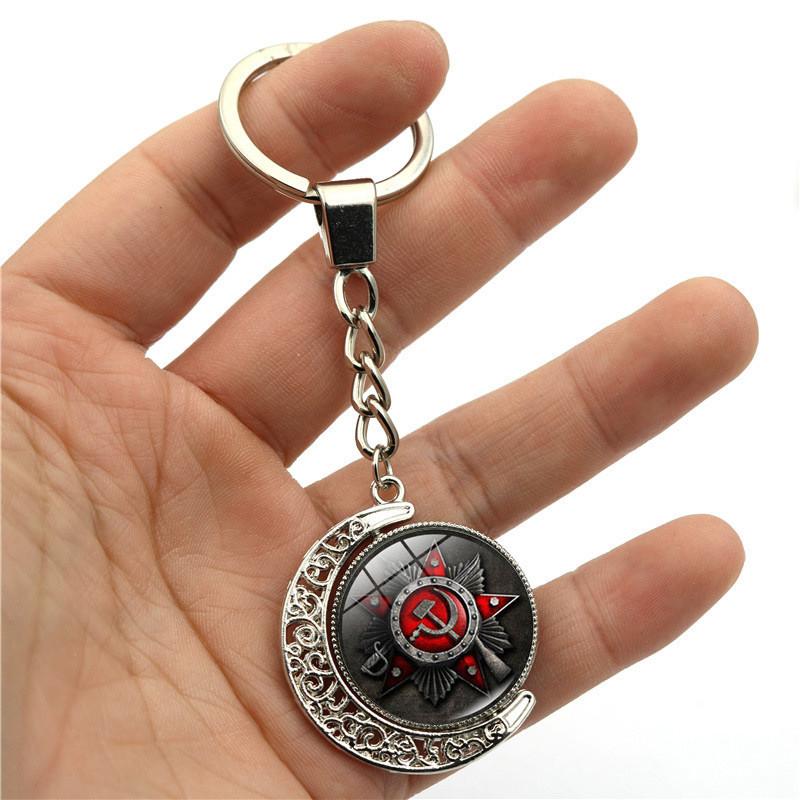Elegant Soviet Badge Russian Cccp Keychain Double-sided Rotating Moon Pendant