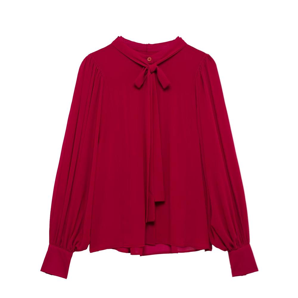 

Spring 2025 Women s Elegant Pleated Long-Sleeve Tie Collar Shirt Large
