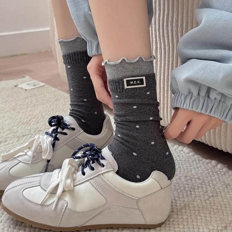 Women Cotton Long Socks Soft Breathable Cute Dots Frilly Edge Retro Preppy Style Comfortable Casual Fashion Socks For Everyday