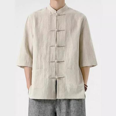 Chinese Style Men's Linen Shirt, Chinese Style Tang Suit, Cotton and Linen Men's Three-quarter Sleeve Shirt, Summer Retro Stand-up Collar