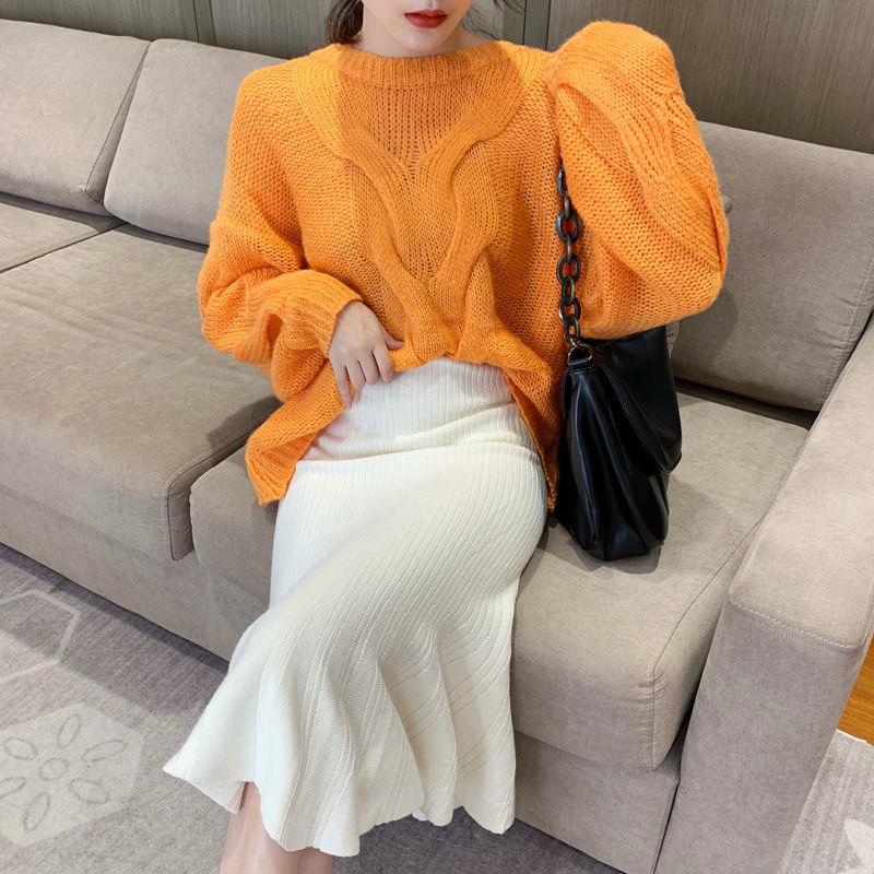 Spring and Autumn Versatile High Waist Lotus Leaf Edge Knitted Half Skirt for Women Medium To Long Hip Wrapping Fish Tail Skirt