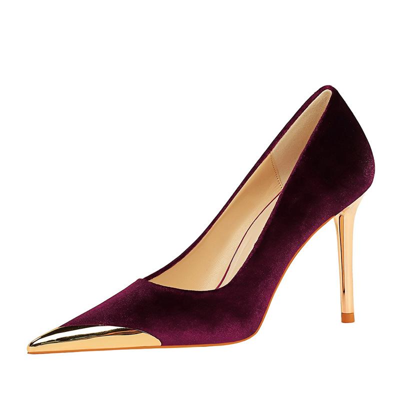 Fashion Women Fashion Comfort Suede High Heels Green Burgundy Pumps Metal Cap Pointed Toe Velvet Evening Party Office Single Shoes