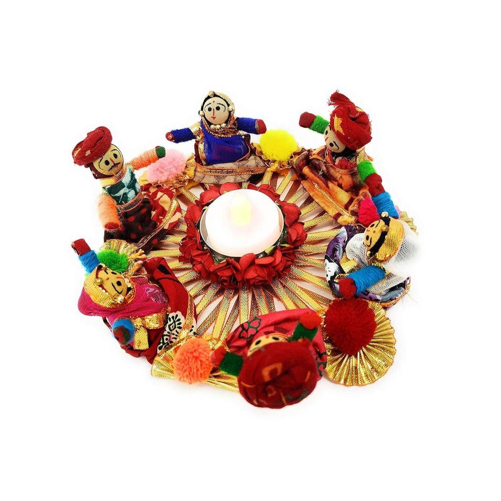 Handmade Recycled Material Rajasthani Dolls Puppet Tealight Candle Holder, Multicolor (13 Cm X 13 Cm 6.5 Cm) (Pack of 1)