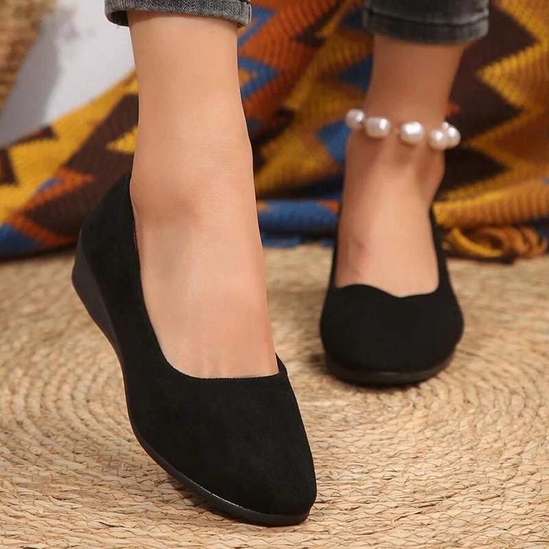Fashion Classic Black Women Wedge Single Shoes Lightweight Slip On Office Work Shoes Woman Comfortable Soft Sole Casual Footwear Female