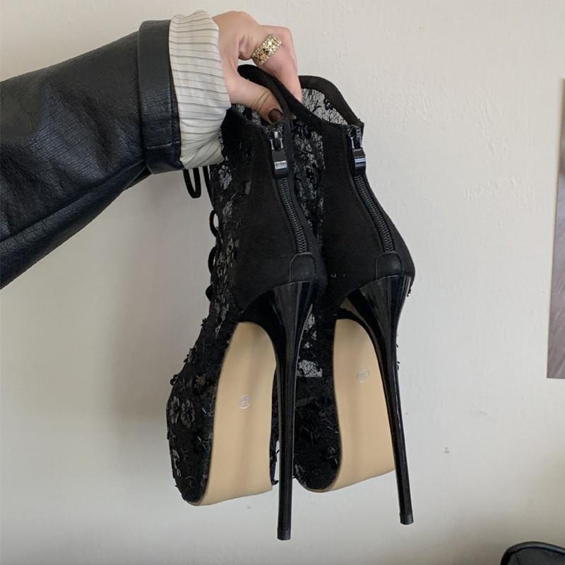 Fashion 17cm Ultra High Heels Sexy Peep Toe Lace-up Women Ankle Boots Fashion Sequined Air Mesh Platform Wedges Party Prom Boots Shoes
