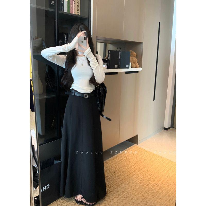 

Kumikumi Retro Graceful Gray Skirt A- Line Skirt Women s Autumn Drape High Waist Pleated Skirt Swing Skirt Black without belt 2XL