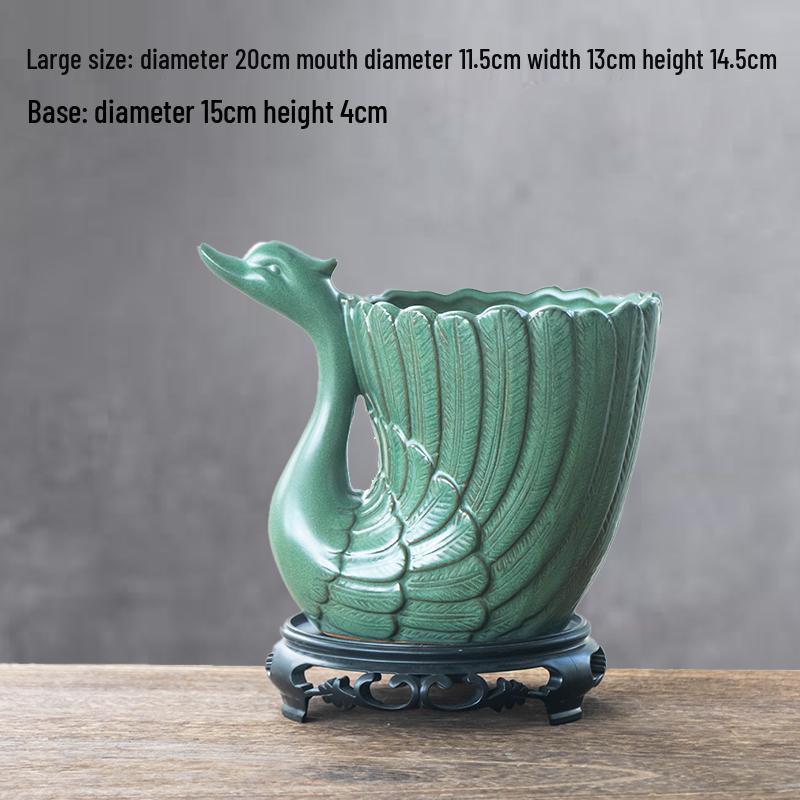Vintage Green Swan Ceramic Flower Pot with Tray - Breathable Pottery for Orchids and Succulents
