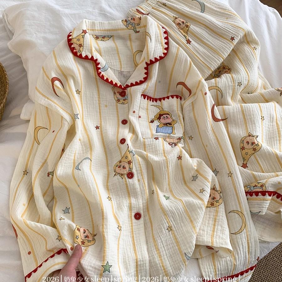Striped cartoon star girl pajamas spring and autumn cardigan double long two-piece set student dormitory loungewear