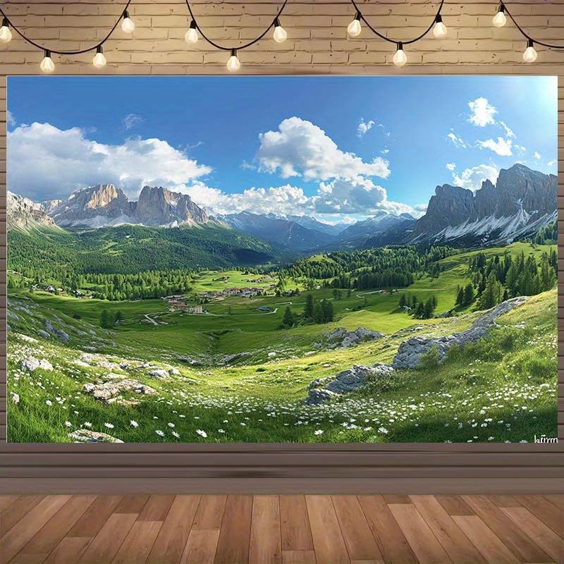 1pc 2D mountain background with rolling hills  green grasslands  and majestic peaks  featuring wall art