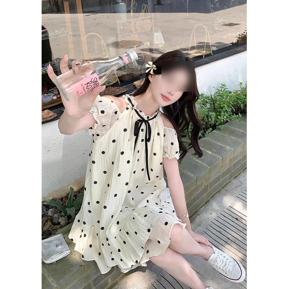 

Платье-бэбидолл с открытыми плечами «Первая любовь» в французский горошек - Летний женский омолаживающий стиль принцессы S-(for up to 45 kg)