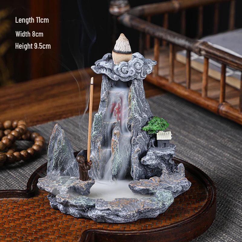 Creative Resin Backflow Incense Burner with High Mountain Flowing Water and Clouds Aromatherapy
