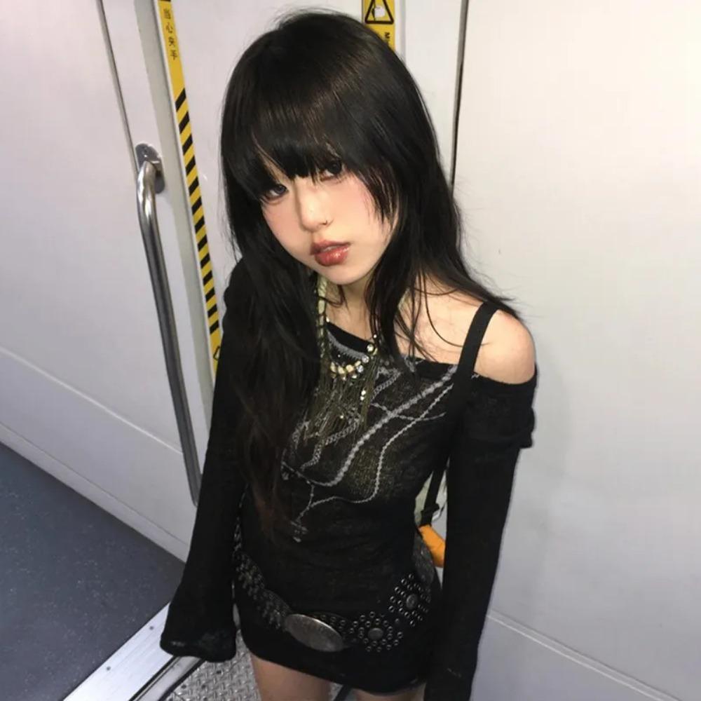 Japanese Y2k Knitted Tops Grunge Tattoo Print Long Sleeve T-shirt Ribbed Vintage Harajuku Shirring Knitwear 2000s Gothic