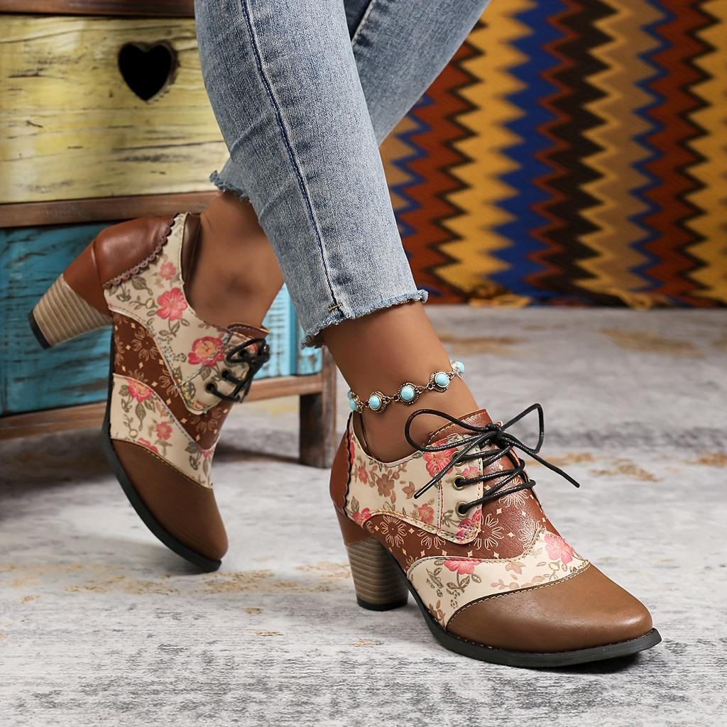 Women's Floral Bohemian Lace-Up Round-Toe Block Heel Ankle Boots - Faux Cover Upper, PU Sole Comfort for Casual & Formal Outfits, Cowgirl Boots