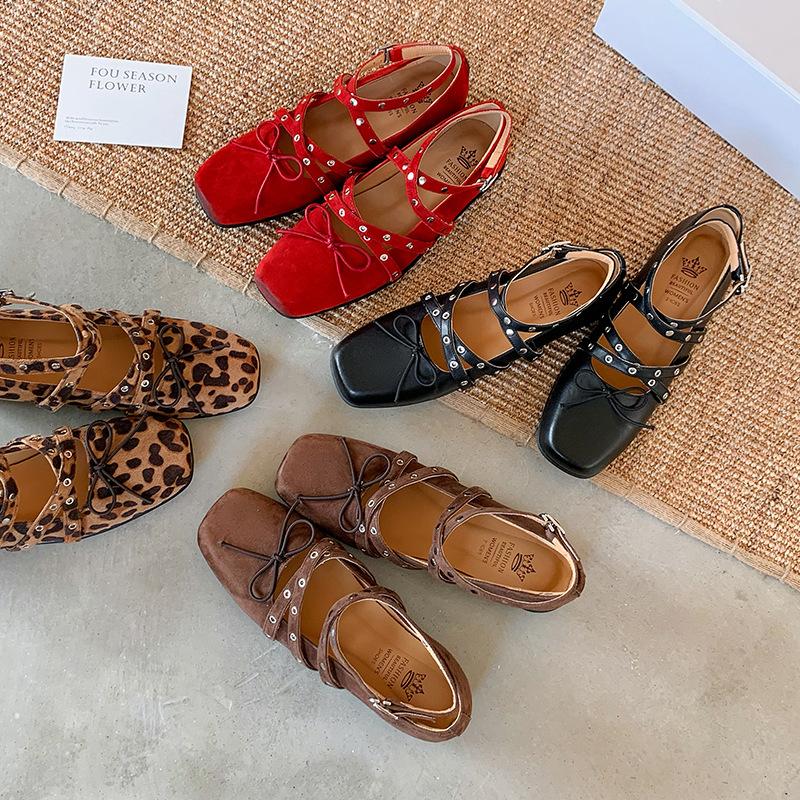 Sheepskin Version~ Crossed Belt Buckle Ballet Shoes for Women 2025 New Red Mary Jane Shoes Bow Single Shoes for Women