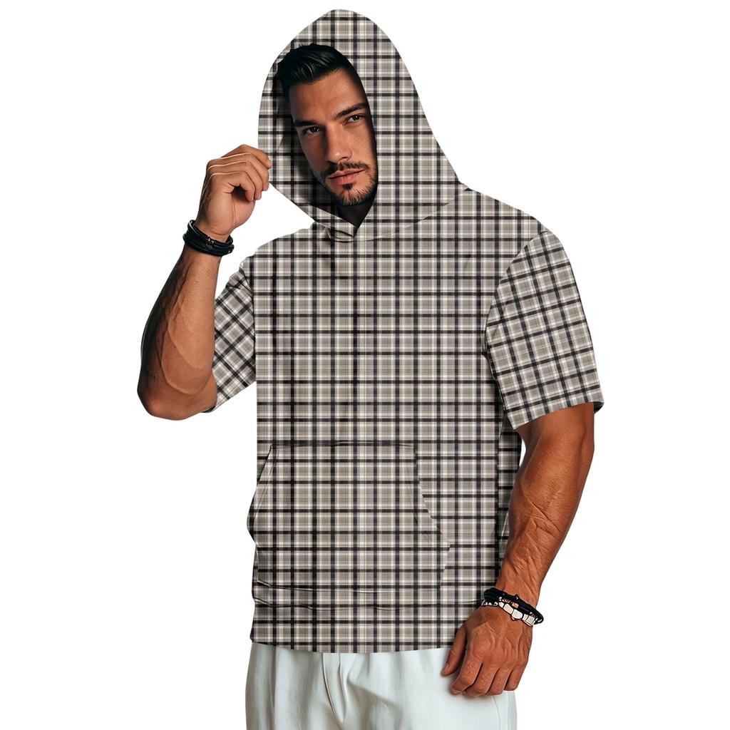 Men's Casual Retro Lightweight Short Sleeve Hooded Sweatshirt Camouflage Print