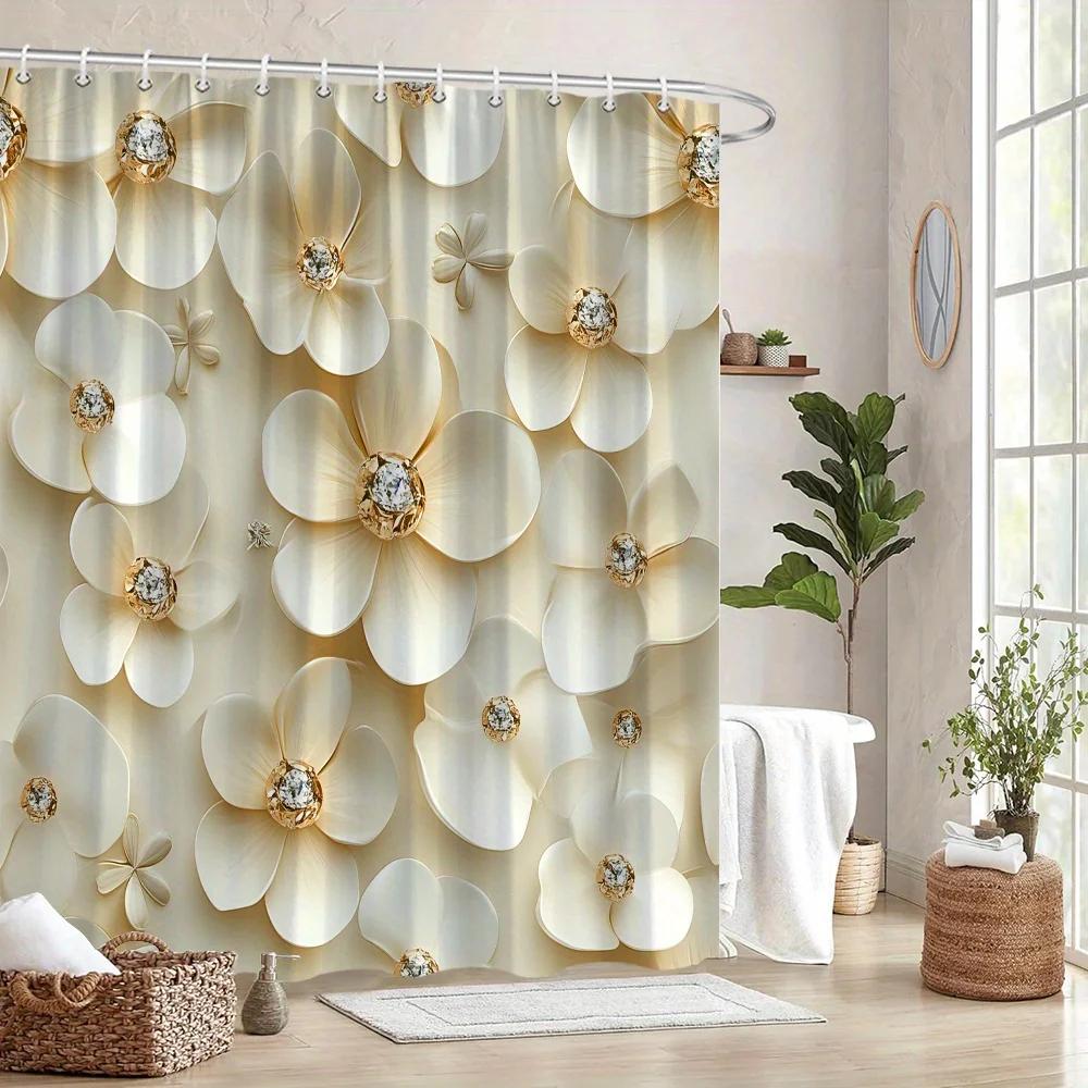 Pandara Jewelry Cream/Gold/Beige Floral Gemstone Shower Curtain - & Sparkling Stones, Back,12 Hooks, Machine Washable, Elegant Bath Decor