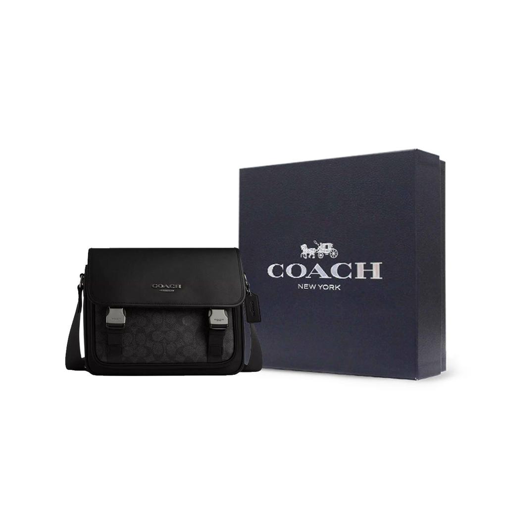Coach Racer 28 Brand Logo Adjustable Shoulder Strap Coated Canvas Smooth Calfskin Messenger Bag Men Bags Charcoal CT716-QBMI5