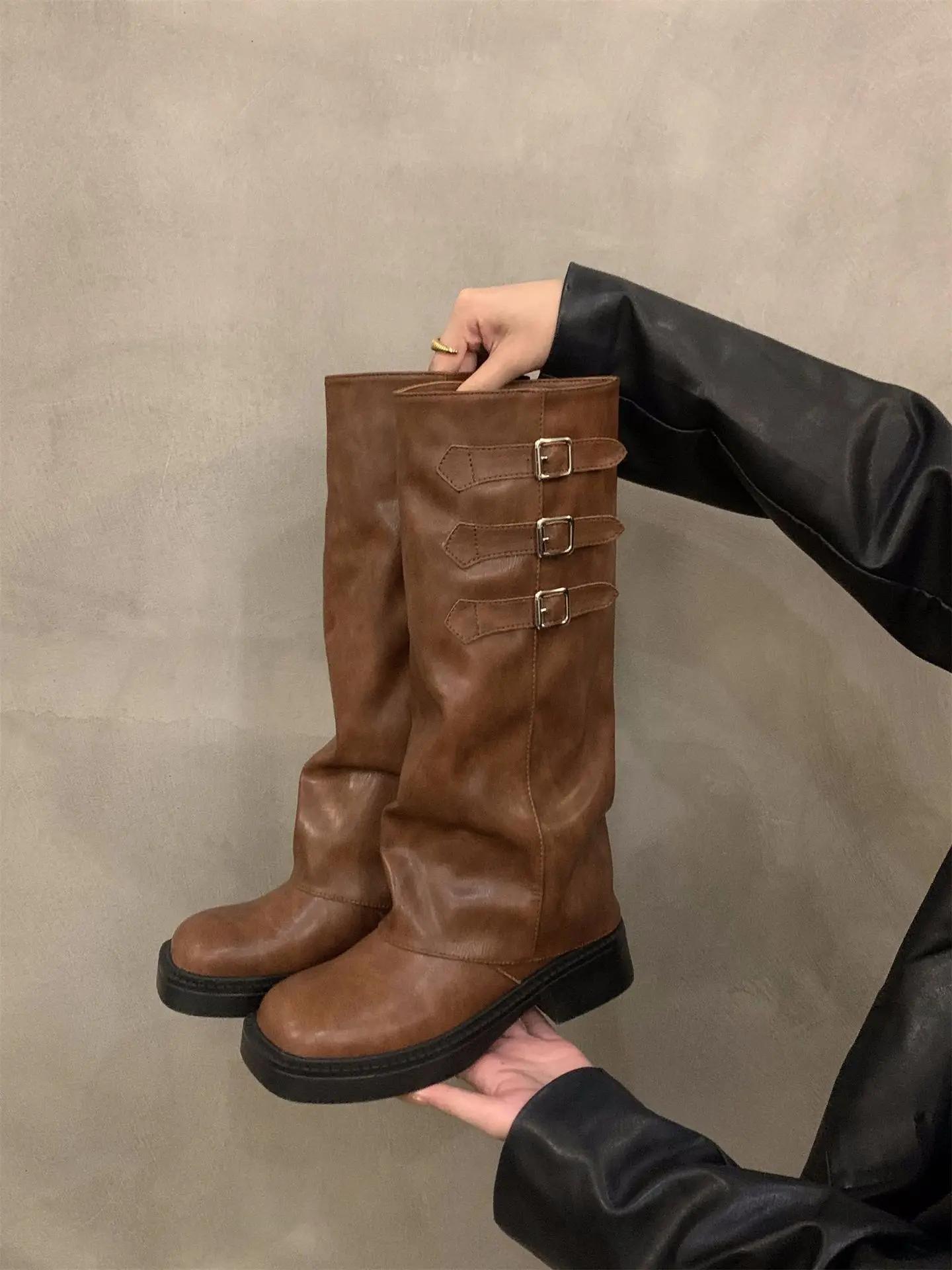 

Зимние женские длинные сапоги на платформе, модные сапоги до колена с замшевой задней частью, женские элегантные туфли на квадратном каблуке 39