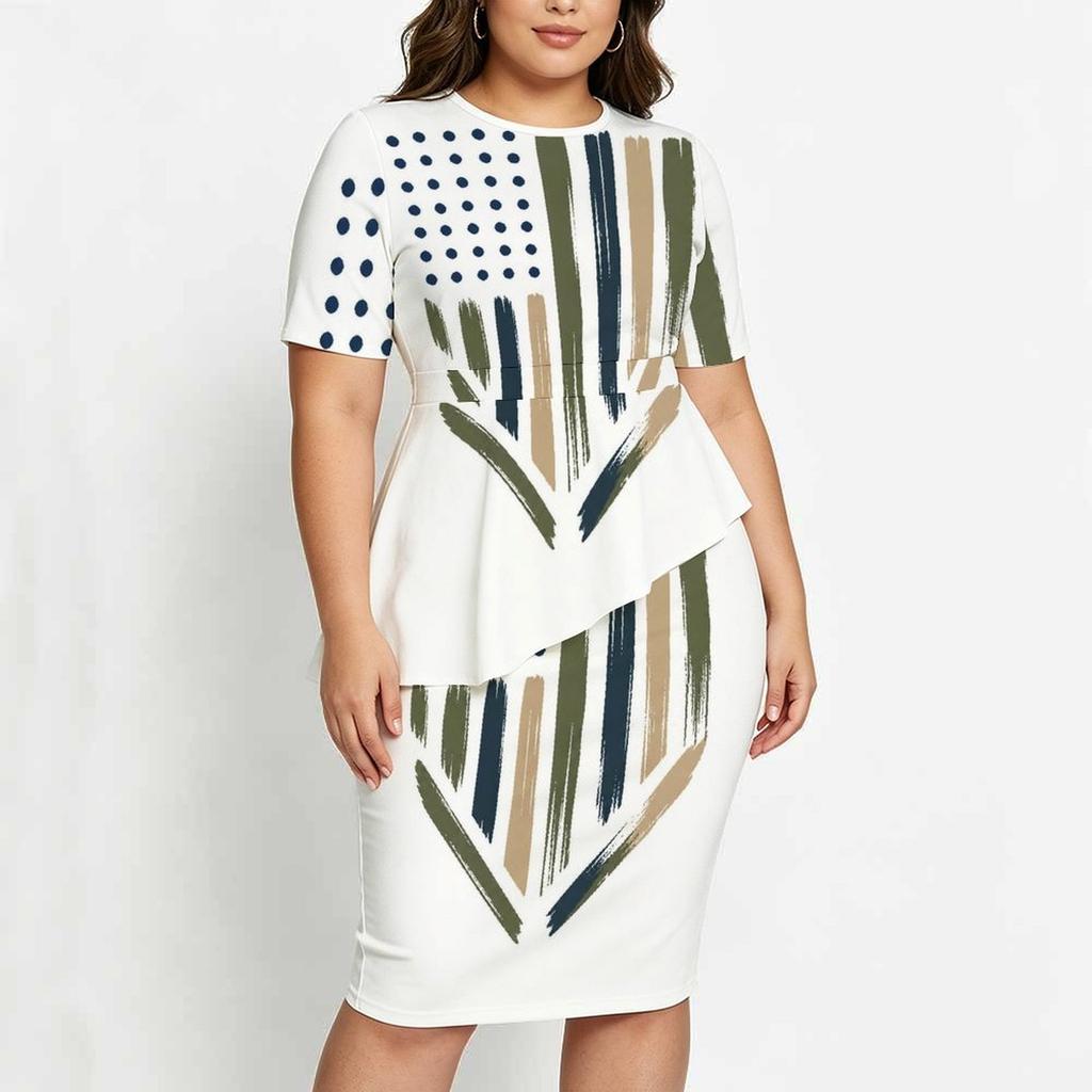 Women Plus Size White Printed Round Neck Short Sleeve Asymmetric Top Fitted Skirt Two Piece Set