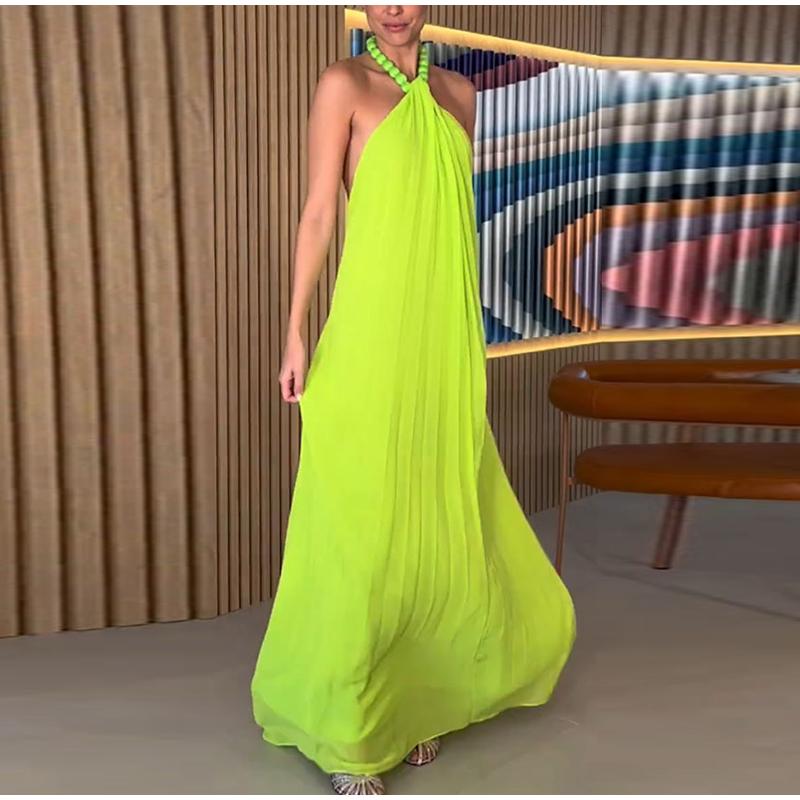 Party Dresses for Women Loose Halter Neck Lace-up Backless Sexy Satin Evening Dress Summer New Fashion Elegant Vacation Dress