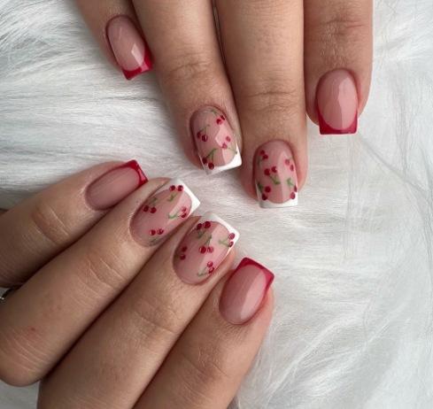 24 Pieces Of Sweet And Cute Manicure, Red French Cherry Short Square Wearing Armor.