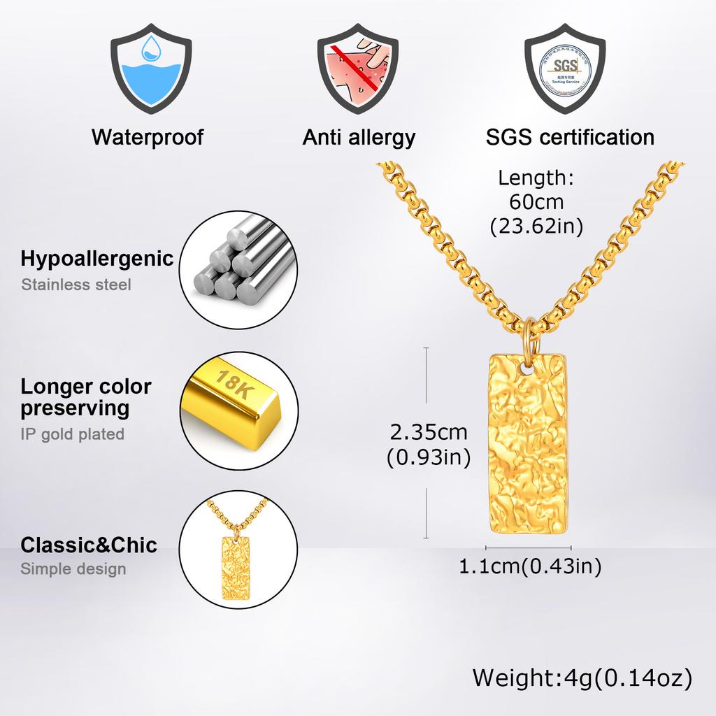 Fashion Pleated Geometric Rectangle Pendant Necklace, Gold Plated Stainless Steel Necklace for Men, Minimalist Punk Jewelry Gift