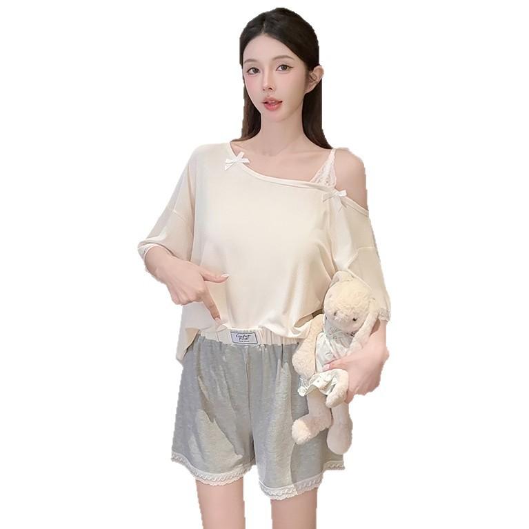 Oh Mi Da Modal Cotton Solid Color High-end Pajamas Women's Summer Short-sleeved Shorts Pure Lace Loungewear Set