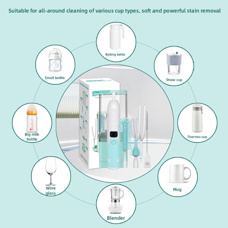 Portable Sanitization Electric Bottle Brush Featuring Build In Drying Rack & Included Silicone Nipple Brush for Home