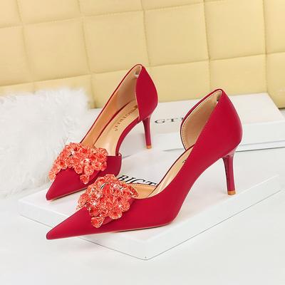 Banquet European and American Style Women's Shoes Shallow Cut Pointed Side Hollowed Out Rhinestone Bow Single Shoes