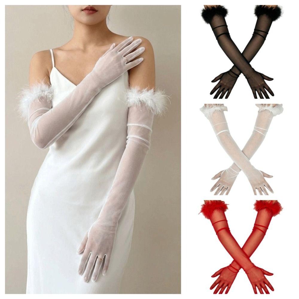 Transparent Feather Gloves Silk Mesh Mittens Slim Bridal Gown Accessories  Photography