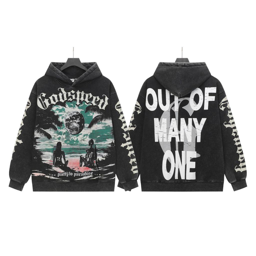 God Bless America Retro Rock Street Print Washed Hoodie - Casual Loose Fit