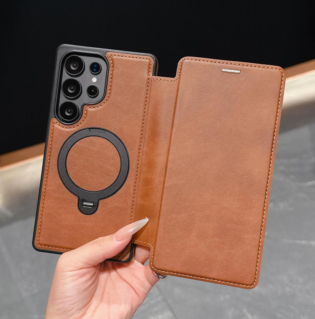 Samsung S25 Ultra Flip Card Holder Phone Case with Armor Shield and Rotating Magnetic Stand - Full Coverage Anti-Drop A17 Case