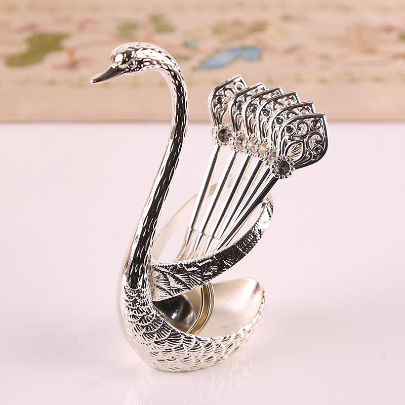 Decorative Dinnerware Set with Swan Base Holder Spoons and Forks for Coffee Fruit Dessert Stirring Mixing Ideal Gift Ideas