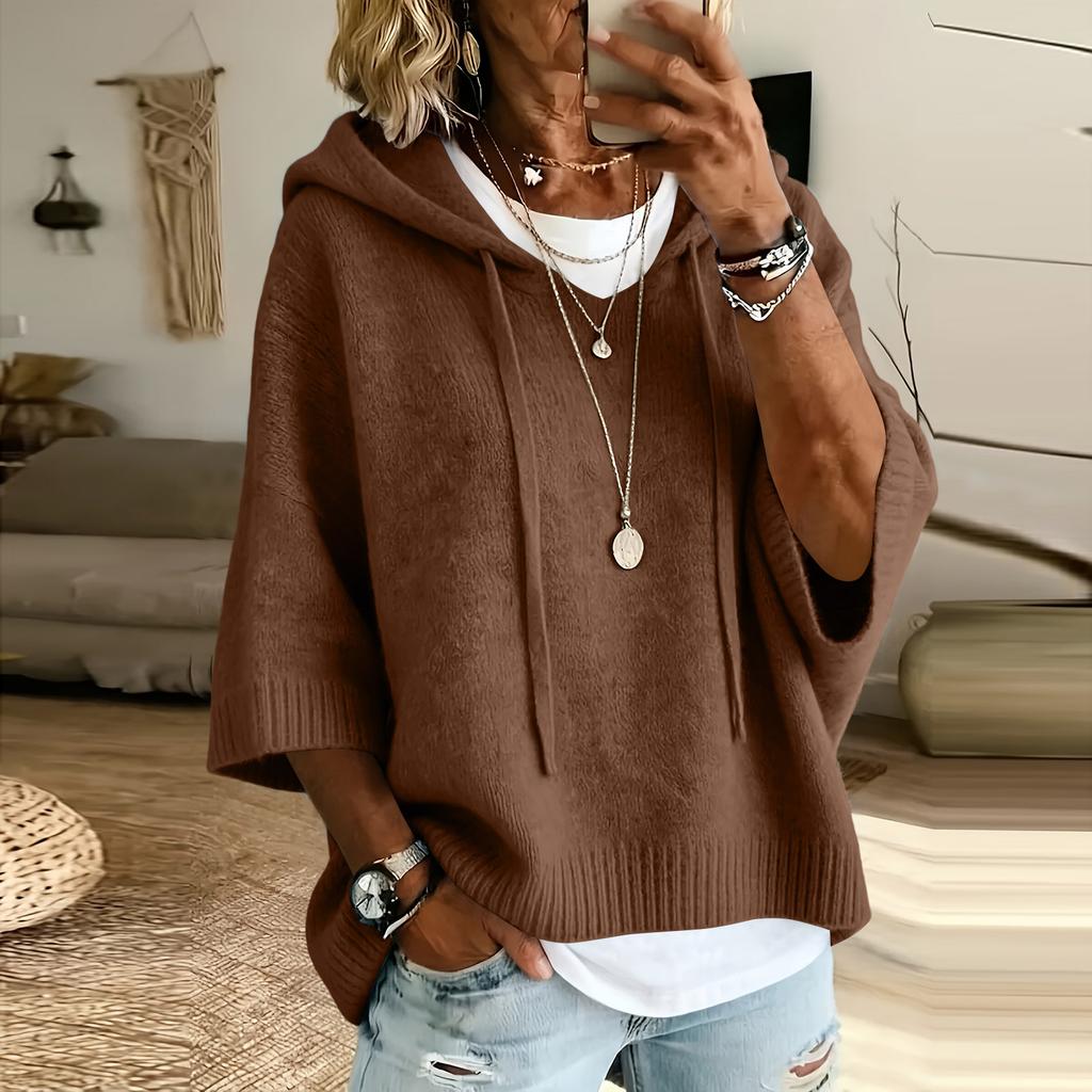 Women's Color Knitted Hooded Sweatshirt with Drawstring New Arrival