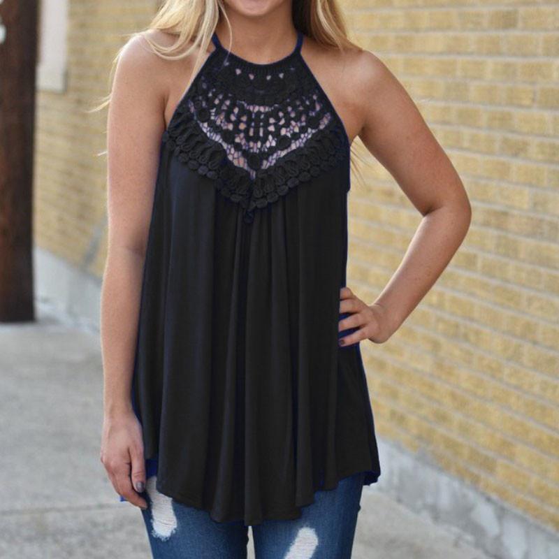 European Style Loose Fit Sleeveless Cotton T Shirt With Lace Splicing For Casual Women