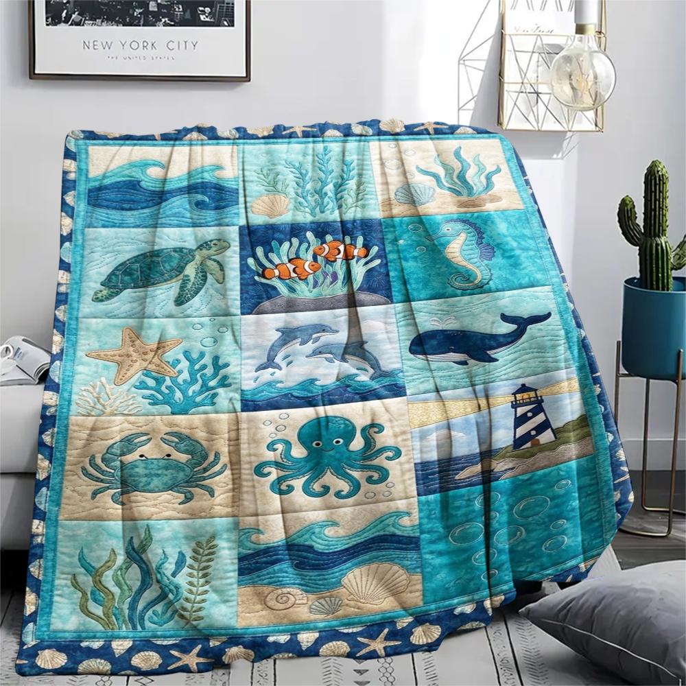 1Pc Ocean Print Flannel Blanket, High quality Comfortable for All Seasons, Home Decor, Warmth and Comfort, Perfect for Christmas Gifts W101